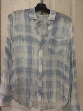 Rails Light Blue and White Plaid Button-Up Blouse